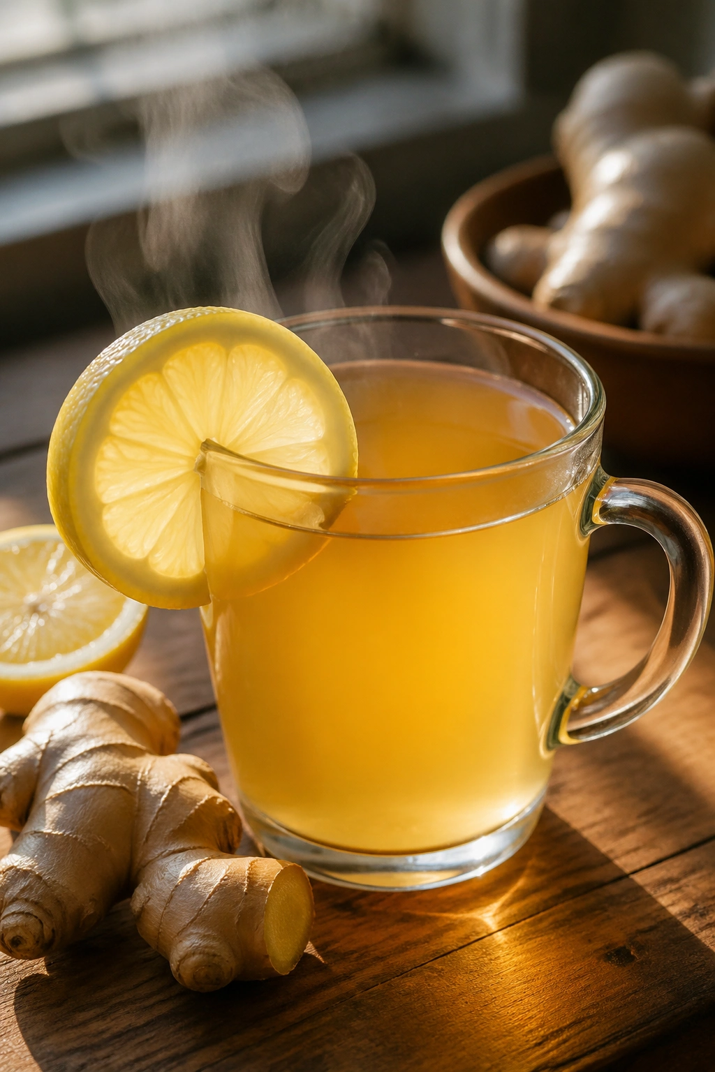 Close-up mug of ginger lemon tea with steam