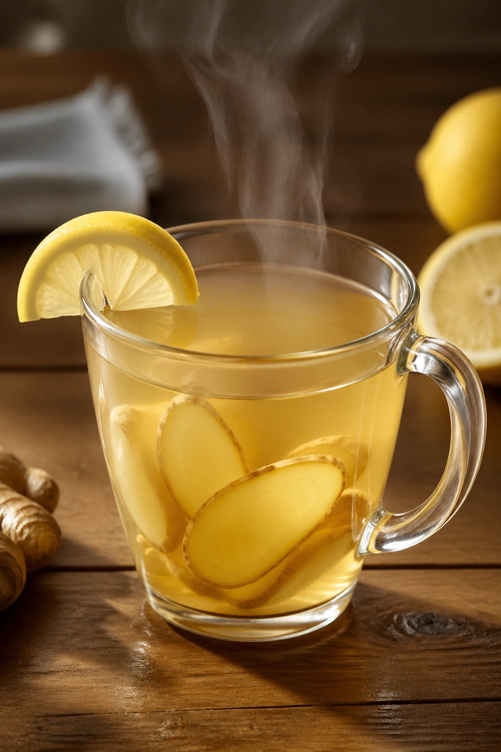 Close-up of a steaming cup of ginger lemon tea on a wooden table.