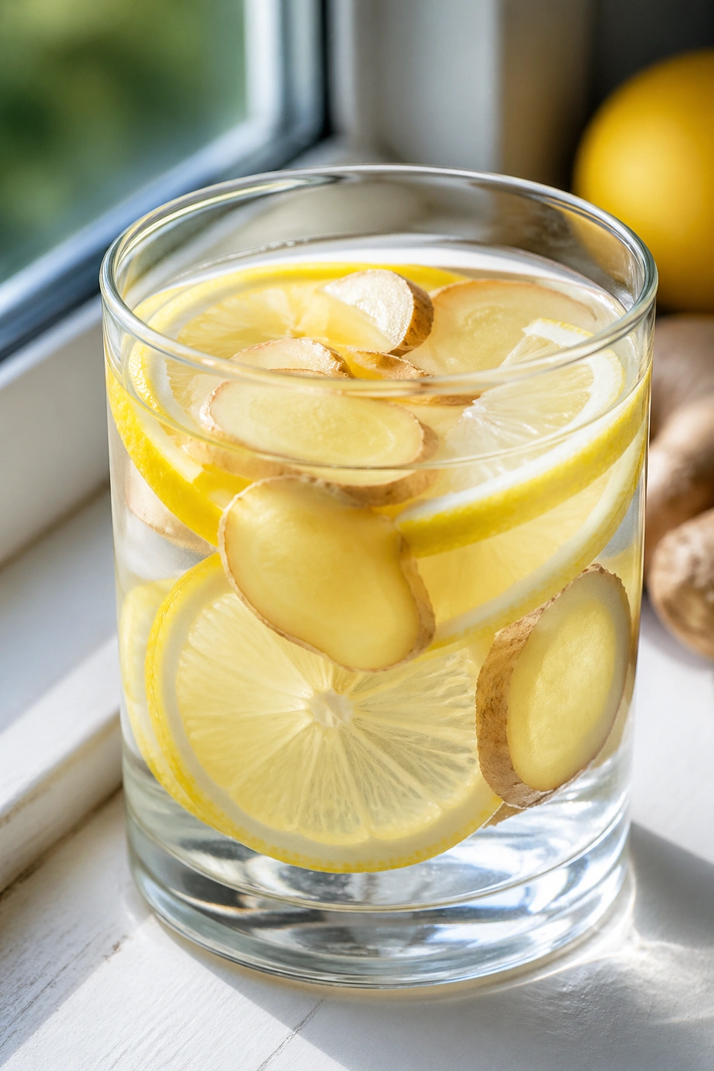 Close-up of ginger lemon water with lemon slices and ginger in a glass