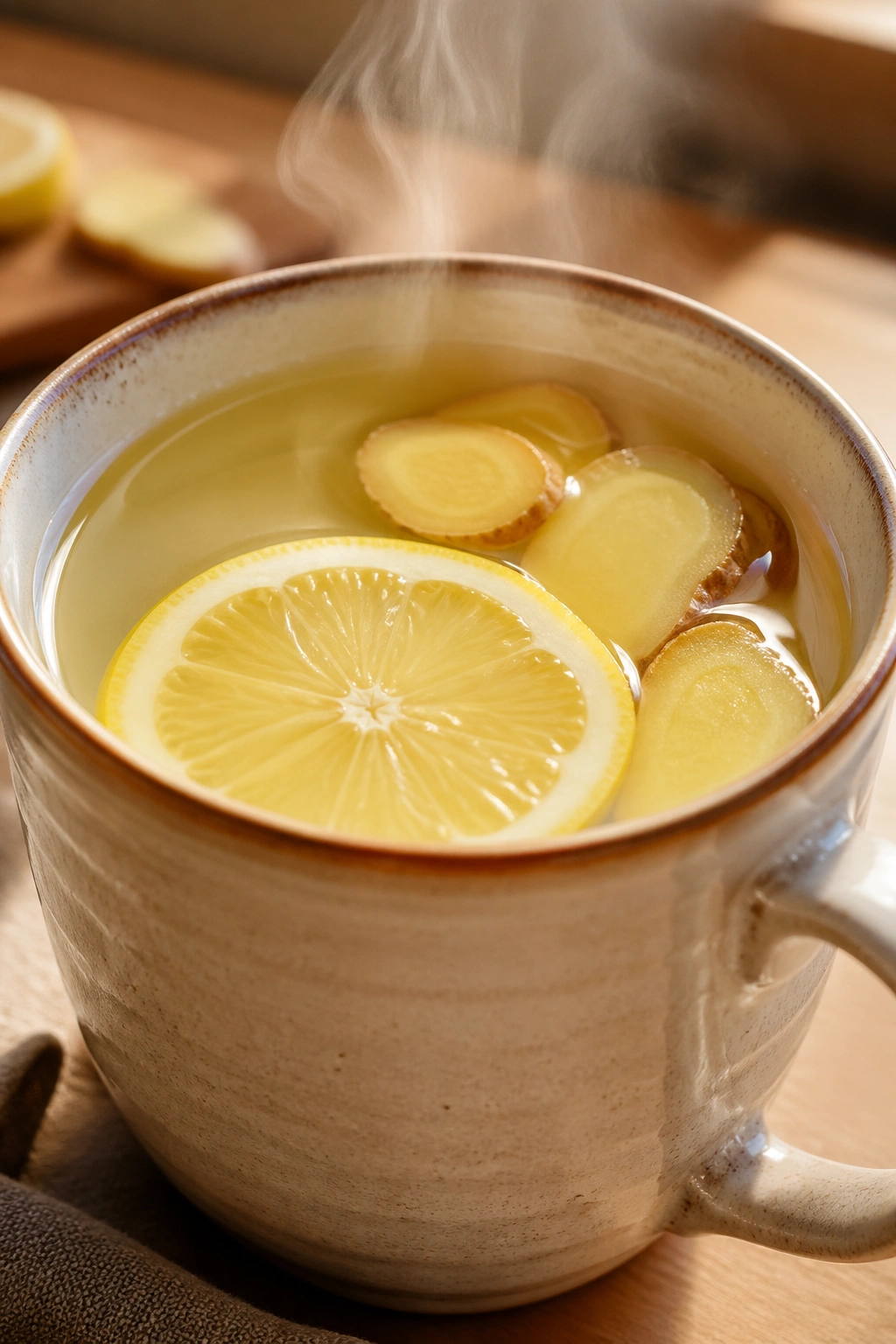 Steaming mug of warm lemon and ginger water on a morning table.