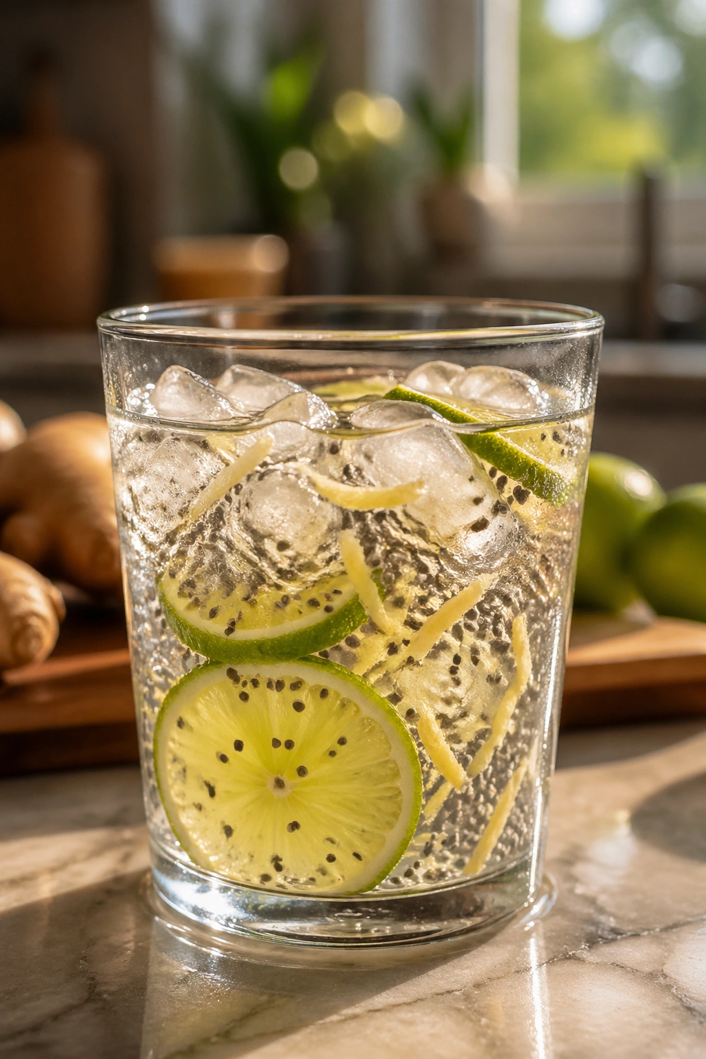 Glass of ginger lime chia tonic with lime and ginger on a bright kitchen counter