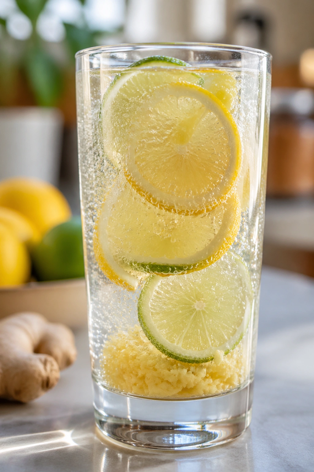 Tall glass of ginger lime lemon sparkling water with visible ginger