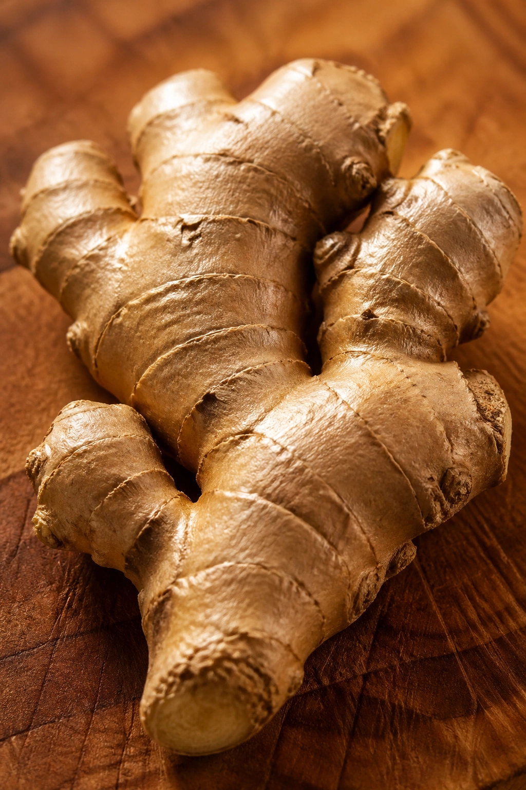 Close-up of fresh ginger root on a wooden surface with warm light