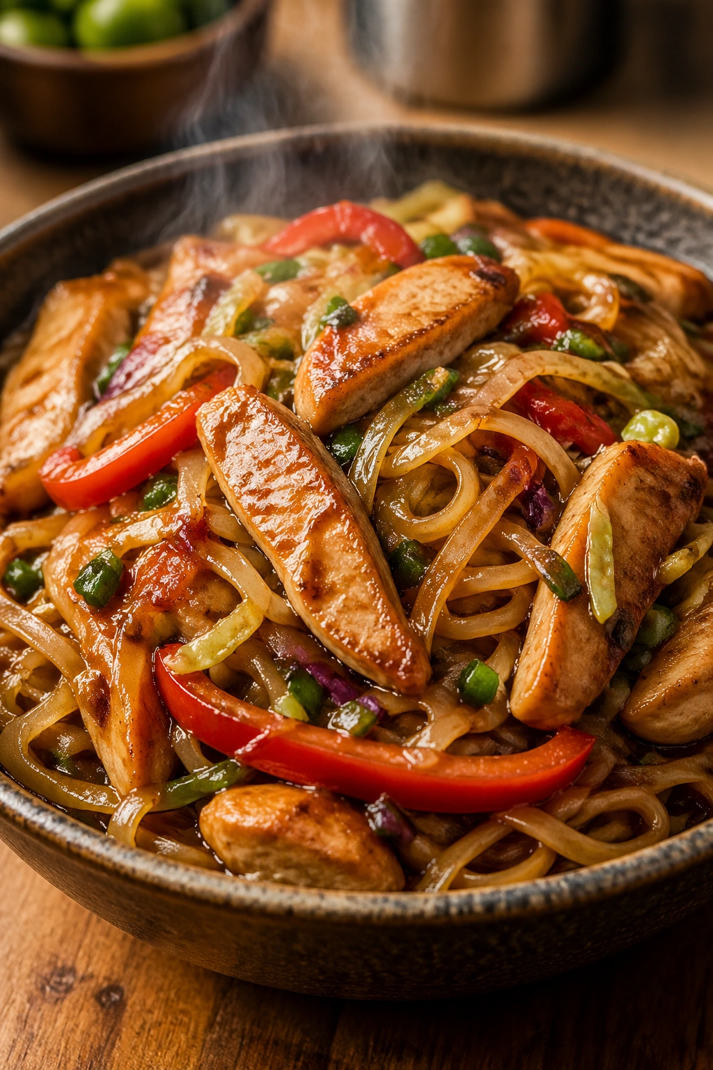 Close-up of ginger-soy chicken rice noodles in a bowl