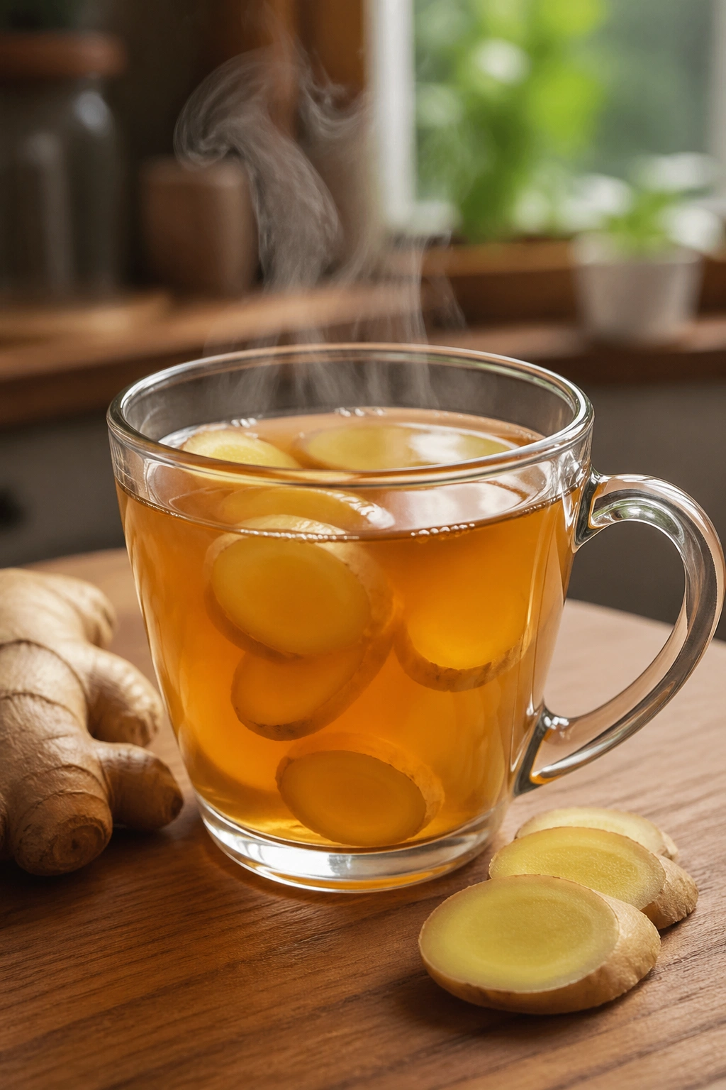 Close-up of ginger tea in a glass mug with visible ginger slices