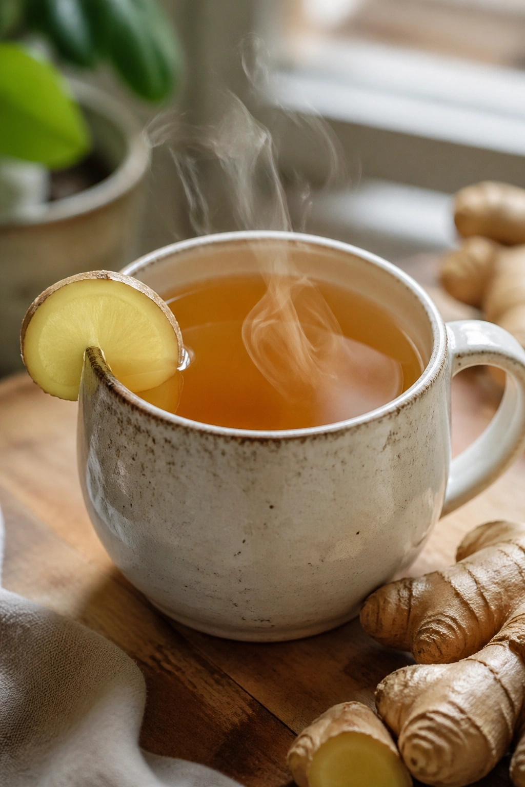 Close-up of ginger tea in a mug with ginger slice on rim