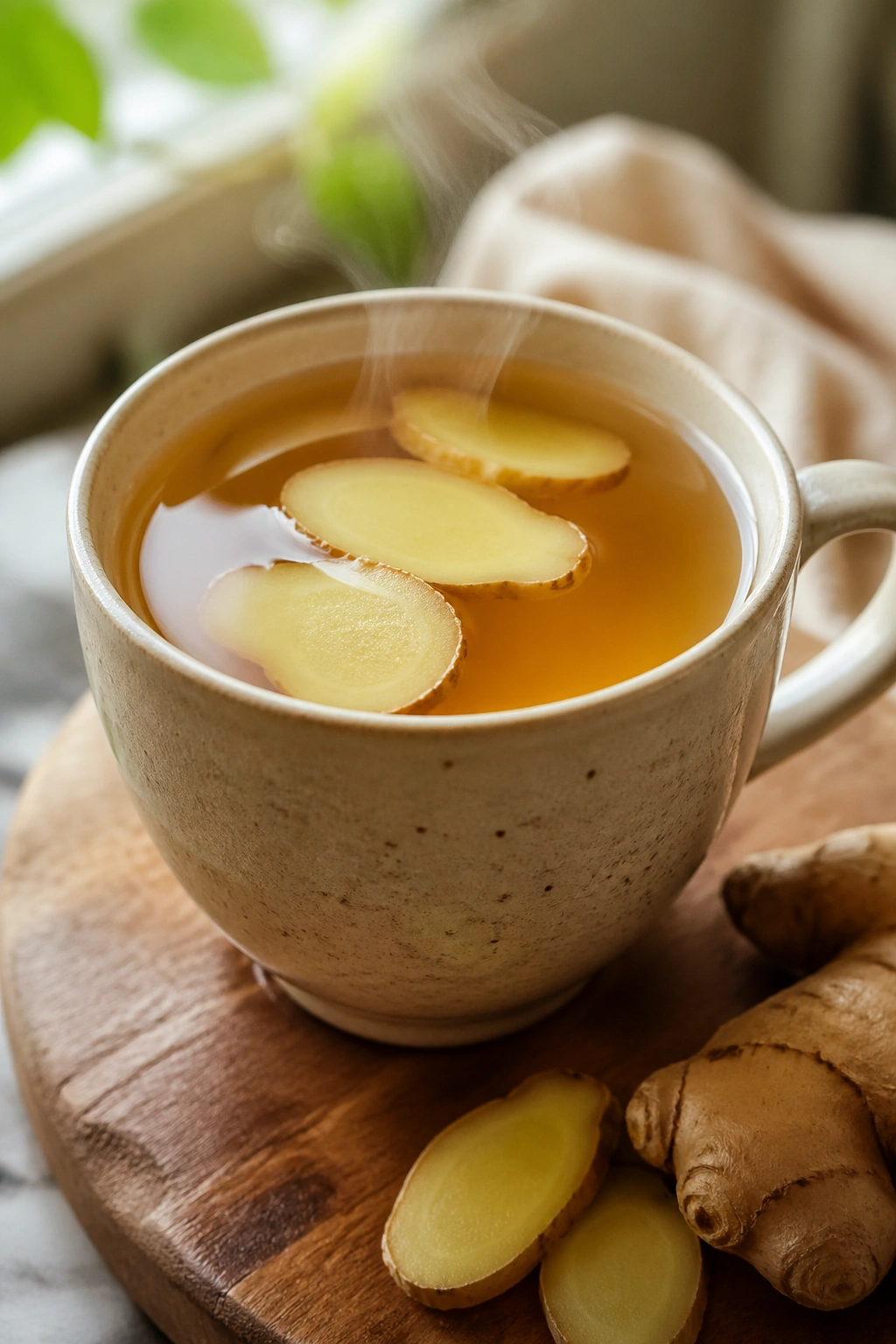 Close-up of ginger tea in a mug with ginger slices