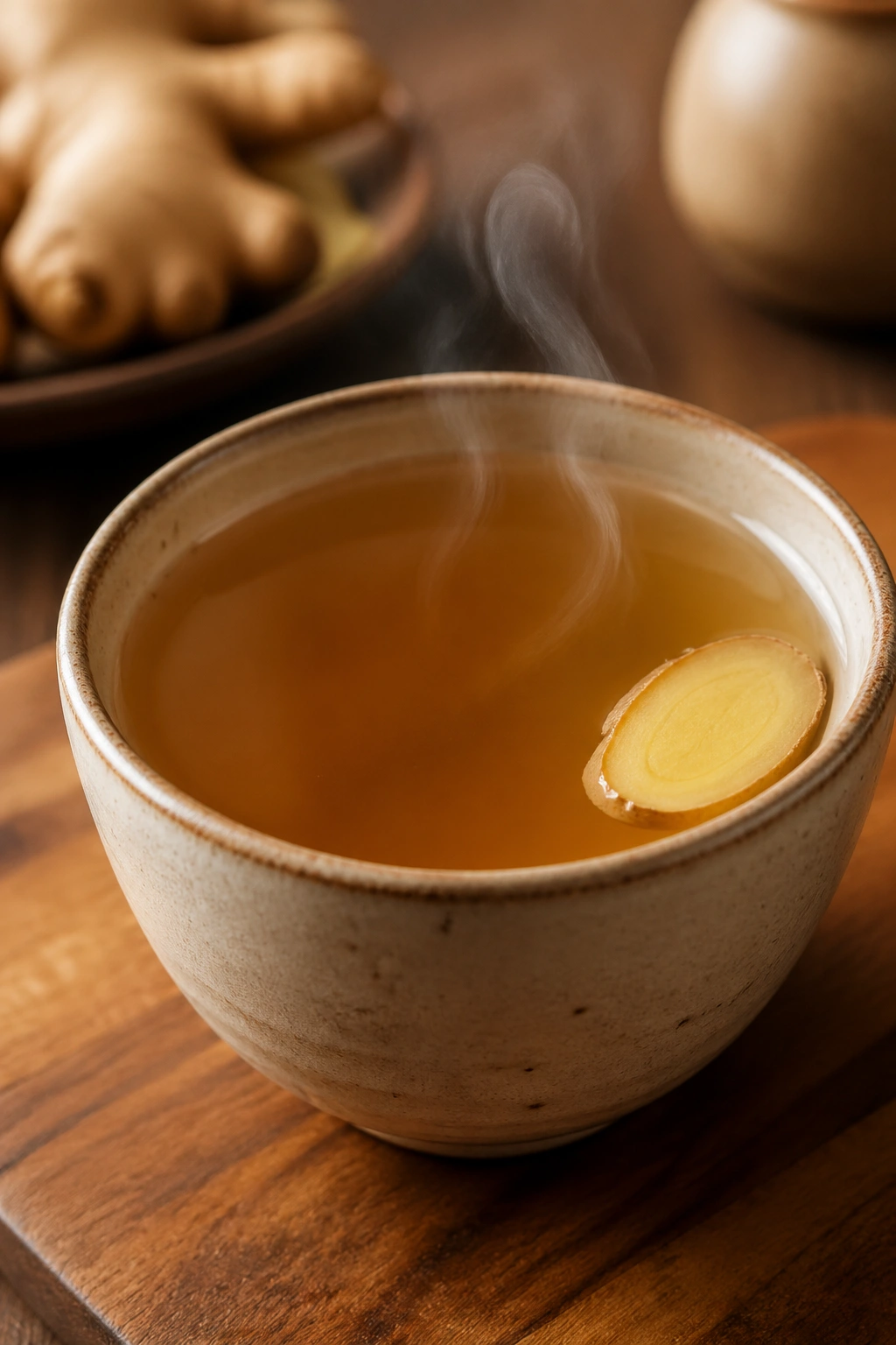 Close-up of a ginger tea in a ceramic cup with steam