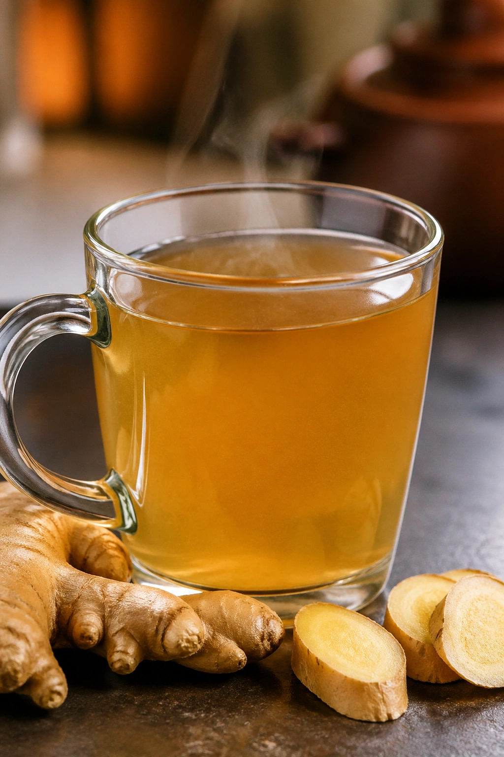 Close-up of ginger tea steaming in a mug in a warm kitchen setting