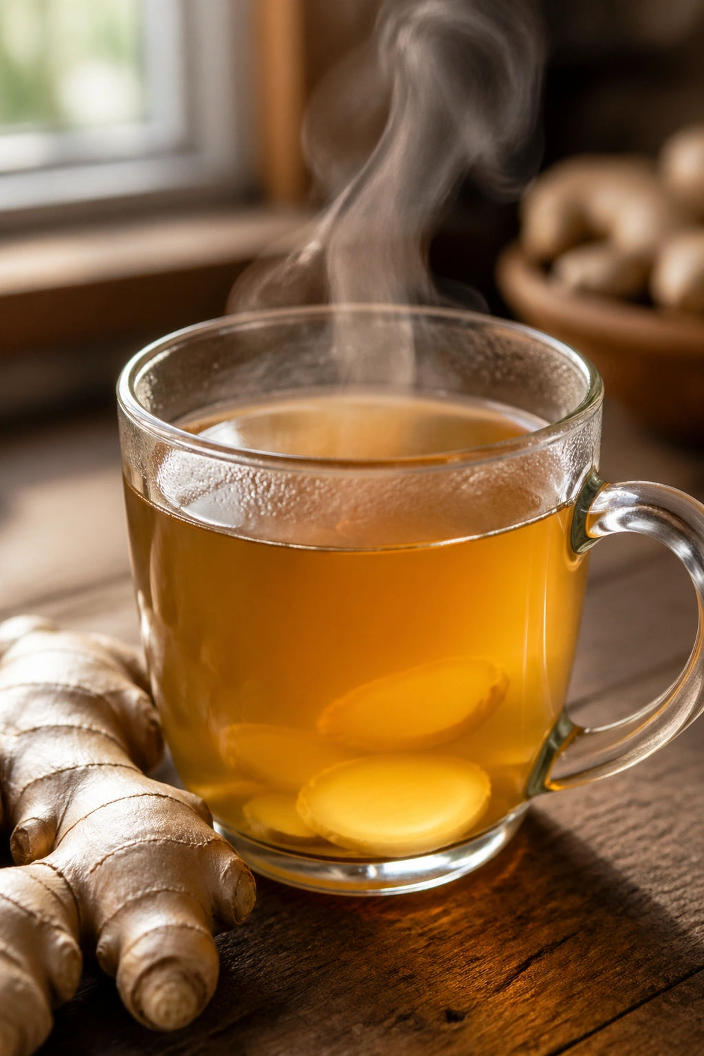 Close-up of ginger tea in a mug on a rustic kitchen table