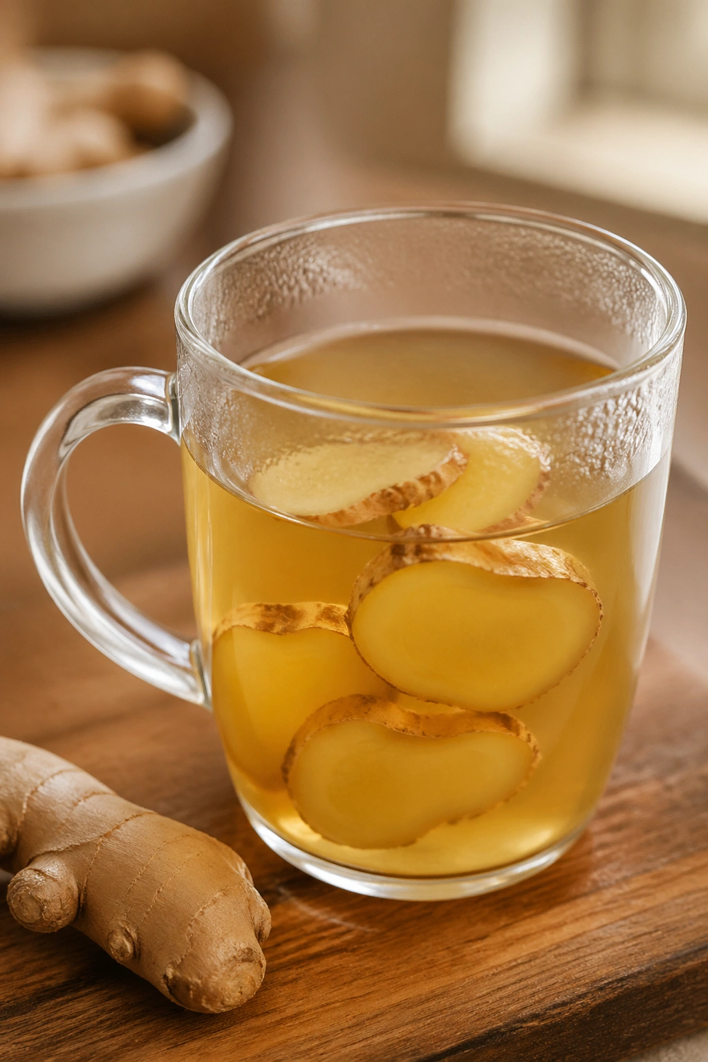 Close-up of ginger tea with sliced ginger in the cup, warm kitchen backdrop