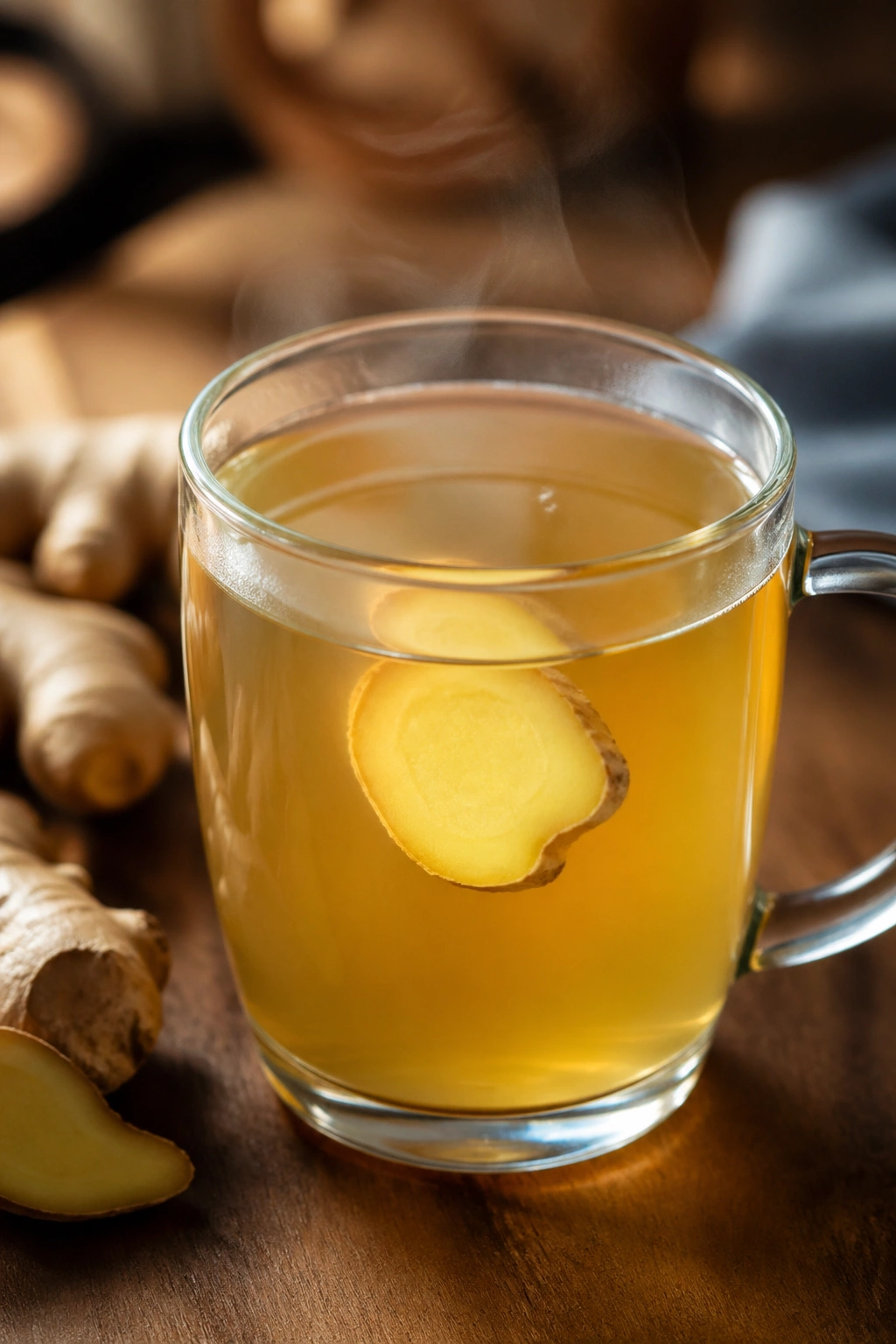 Close-up of steaming ginger tea in a mug on a wooden table with warm light.