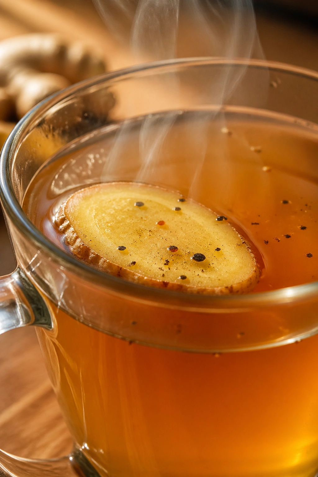 Close-up of a steaming mug of spicy ginger tea with black pepper and cayenne in a warm kitchen