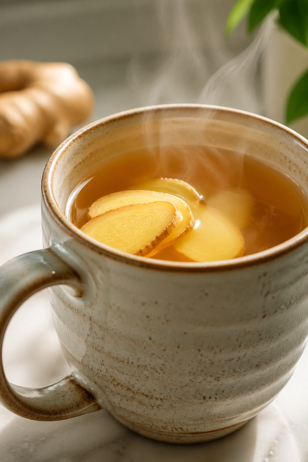 Close-up of ginger tea in a mug with ginger slices visible
