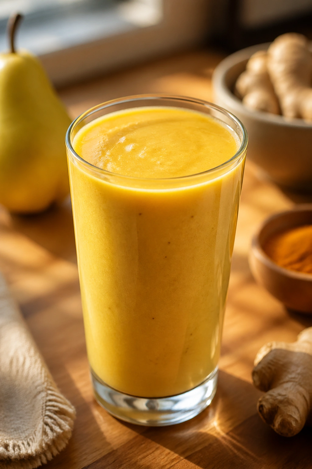 Golden ginger pear turmeric recovery smoothie in a glass