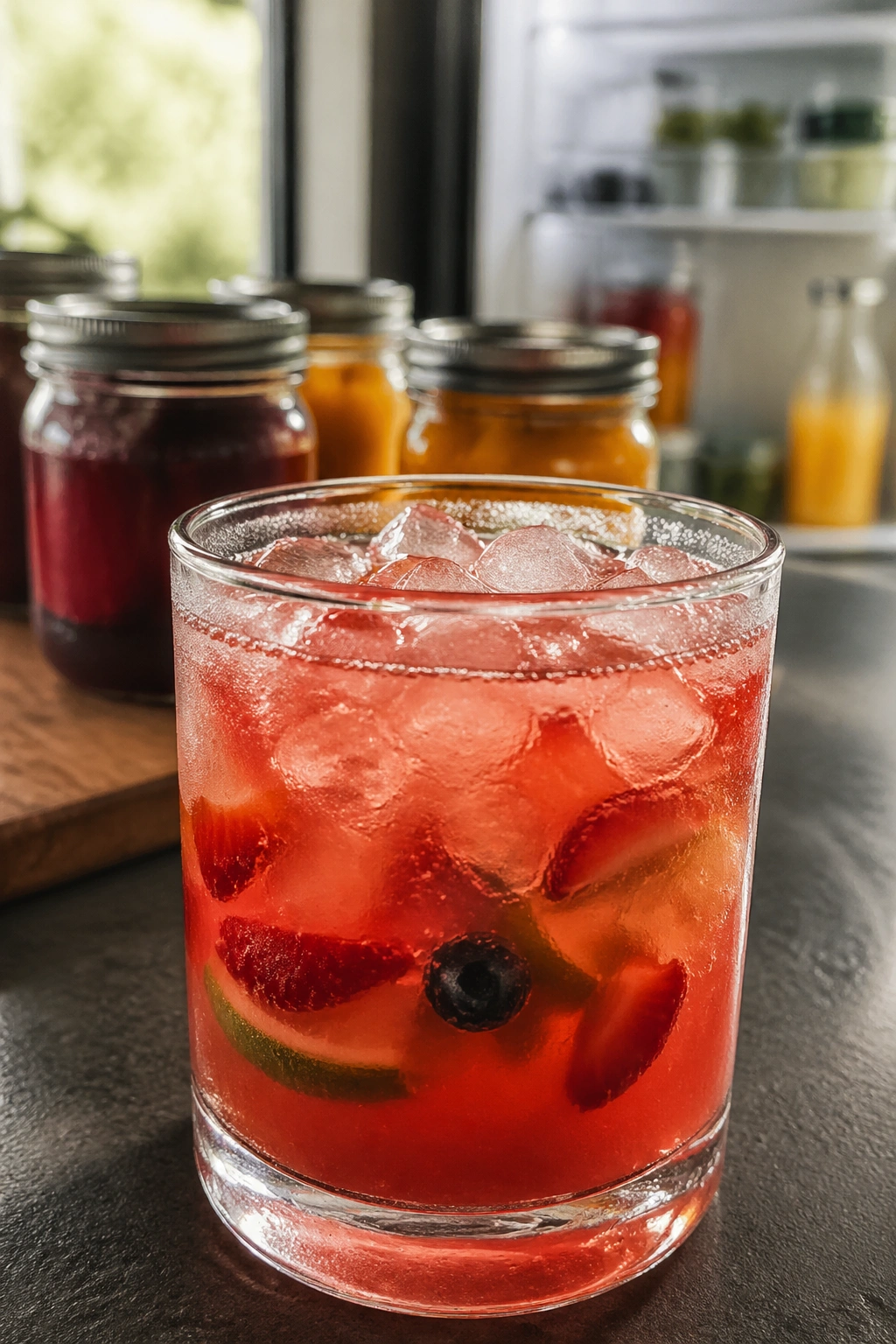 Close-up of a glass beverage in a kitchen storage setting
