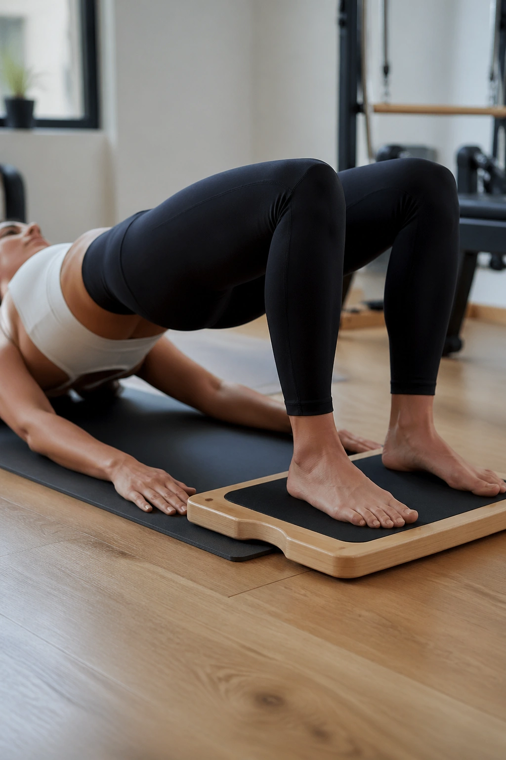 Close-up of person performing glute bridge on a Pilates board