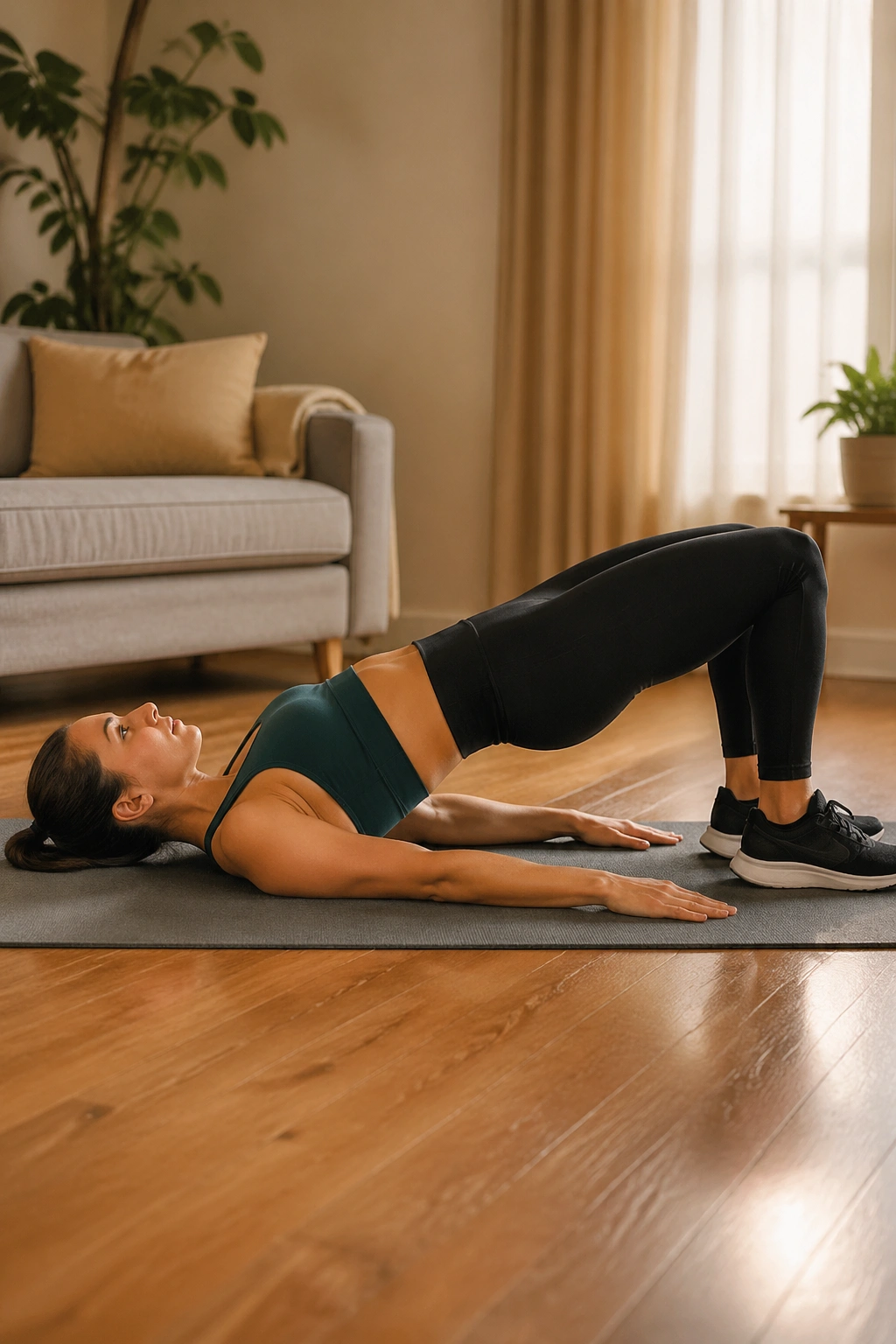 Side view of a person performing a glute bridge on a mat in a cozy home setting