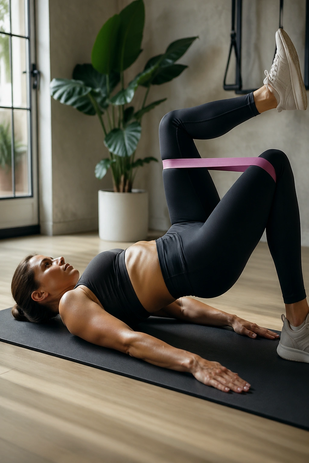 Person in a glute bridge with knee bands marching heightening hip stability