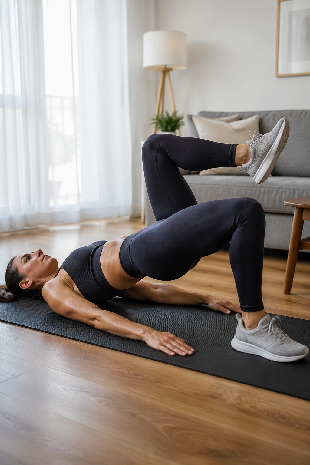 Person in glute bridge with knee march on mat.