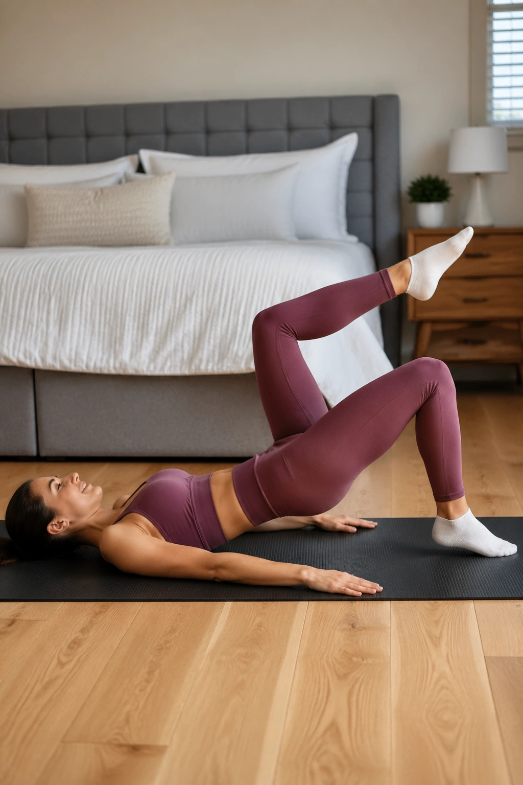 Person performing glute bridge march on a mat with hips elevated