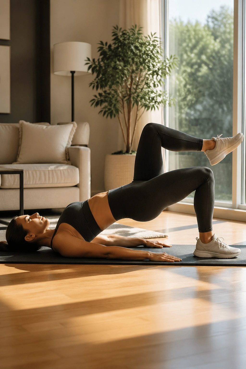 Side view of glute bridge march showing pelvis stability