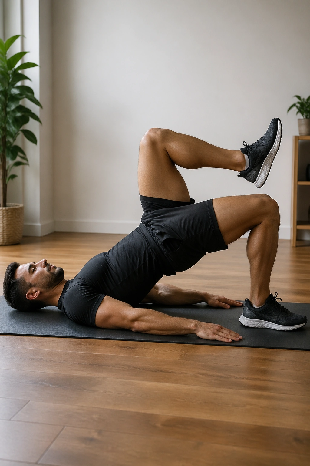 Person in glute bridge with marching knees on a mat, core braced