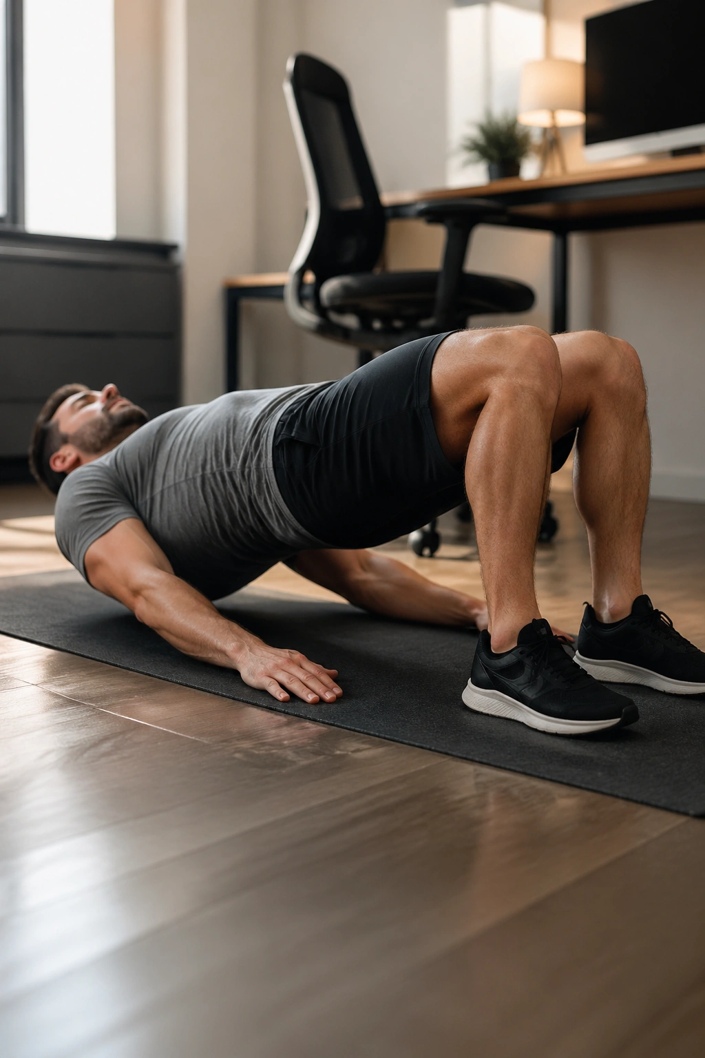 Person performing a glute bridge on office floor