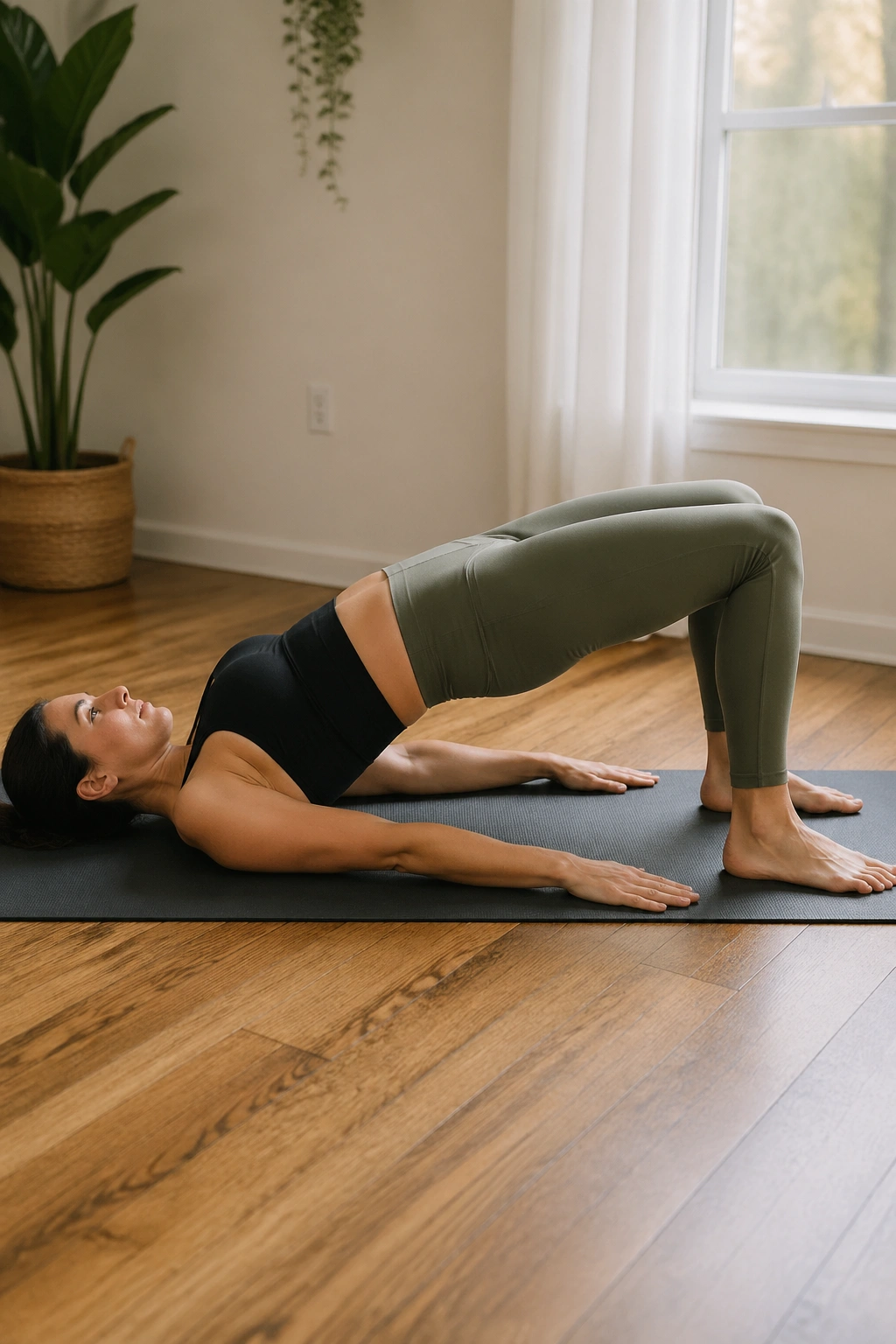 Postpartum glute bridge on a yoga mat with hips lifted and spine lengthened.
