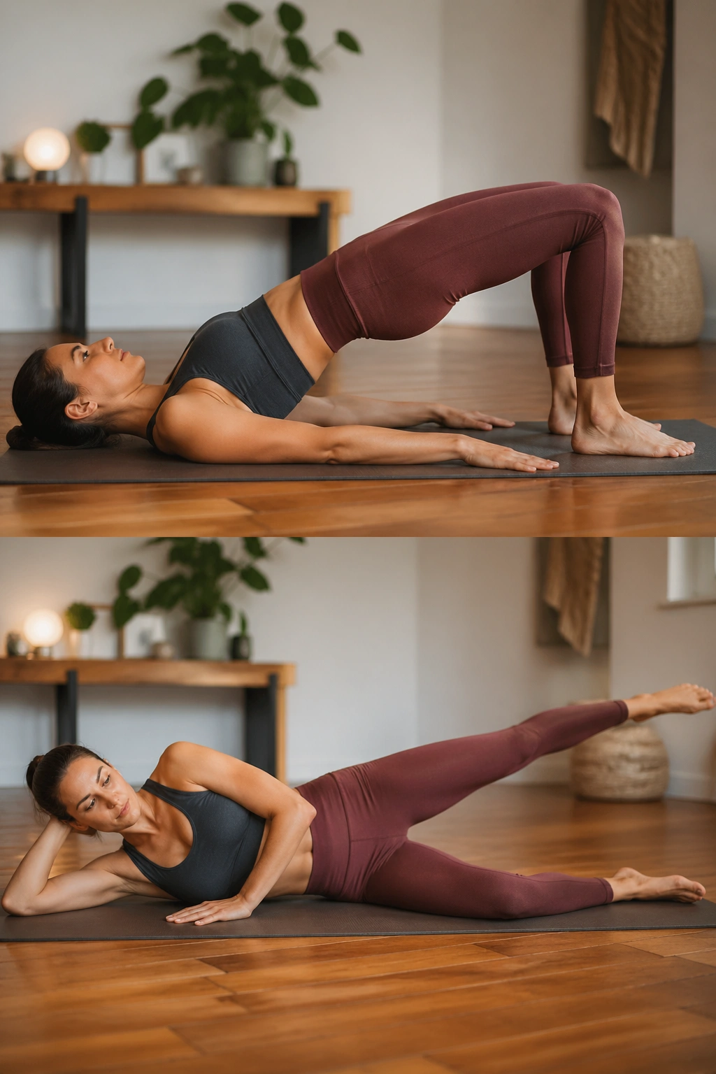 Real person performing glute bridge and side-lying leg work on mat
