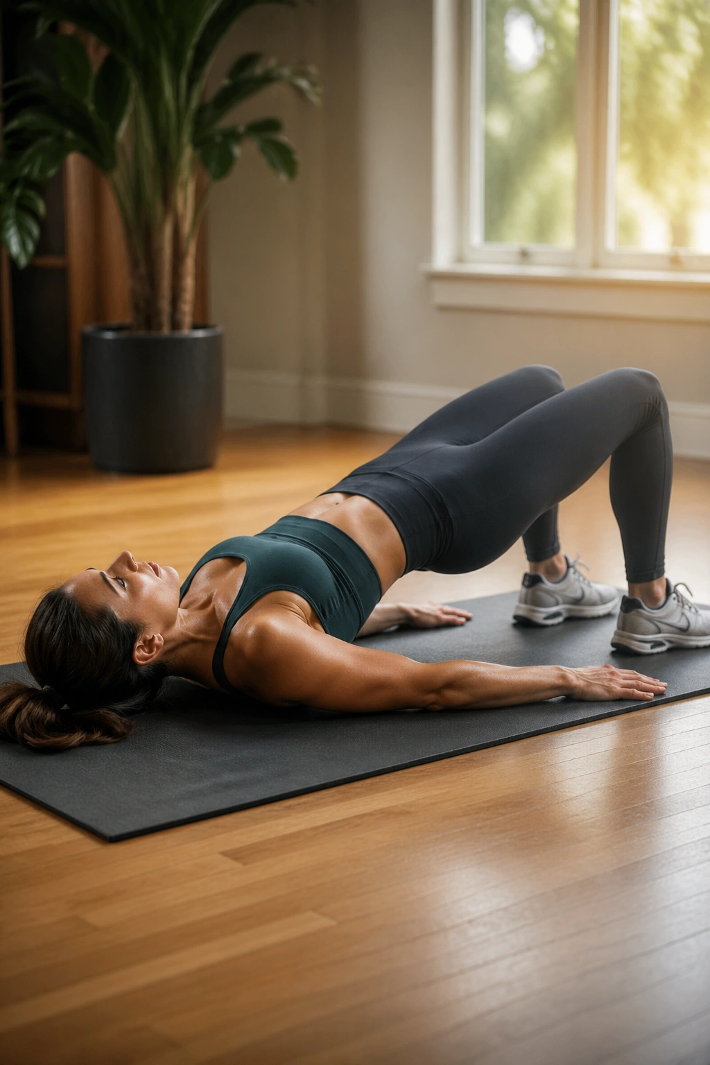 Close-up of a real person performing a glute bridge on a mat with hips lifted in a straight line