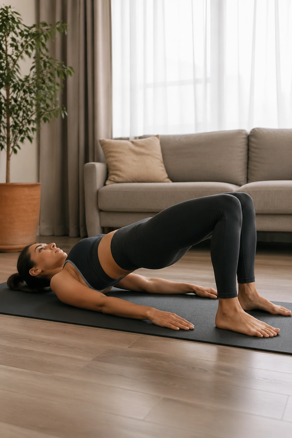 Glute bridge with hips lifted to form a straight line on a home mat.