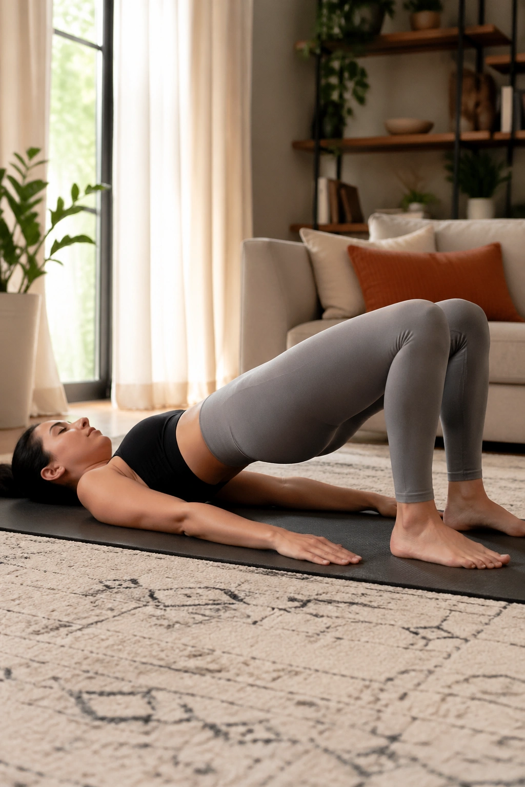 Person performing glute bridge on a yoga mat at home