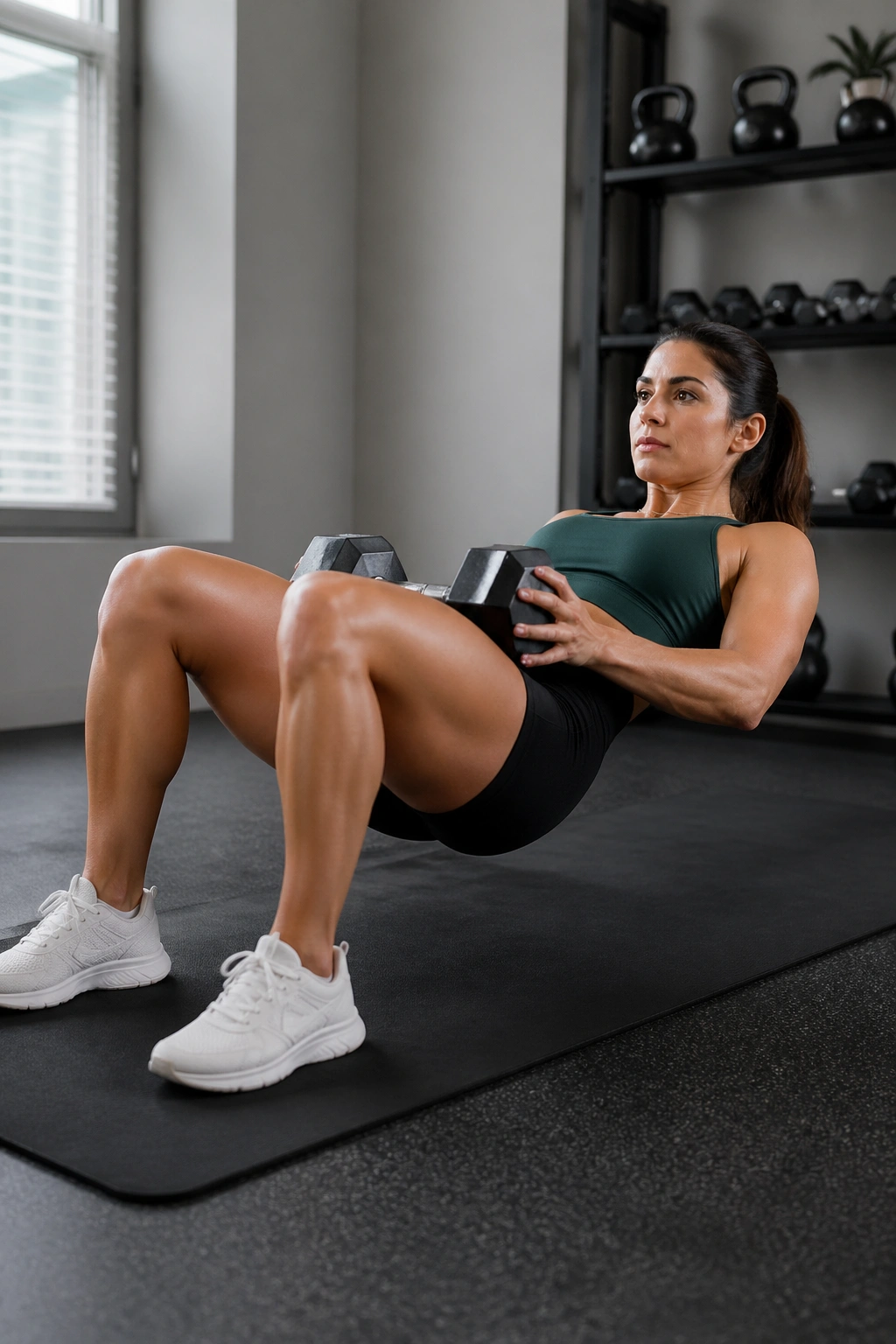 Mid-shot of a person performing hip thrusts with a dumbbell during a glute burnout circuit