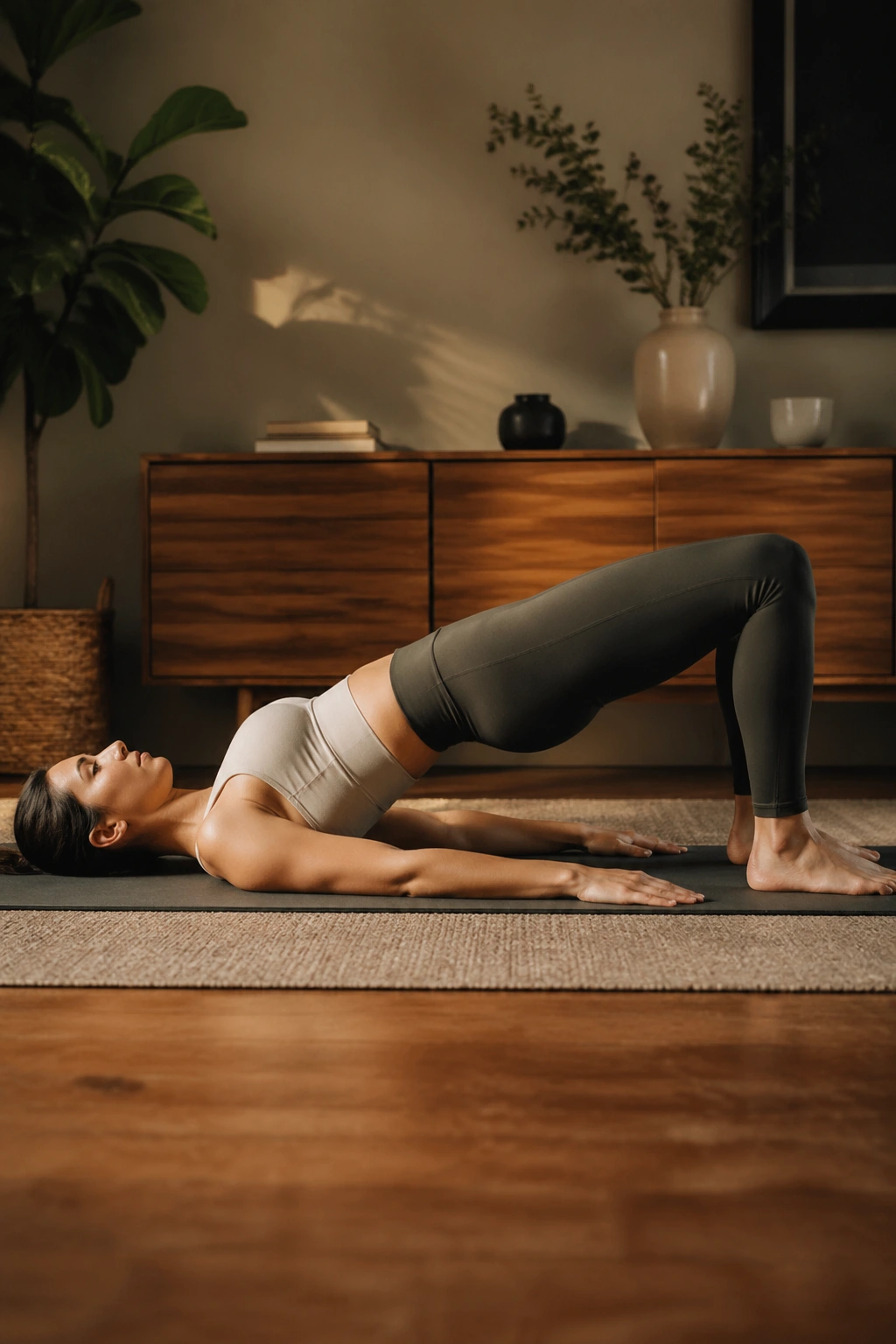 Side view of woman in a glute bridge with hips lifted