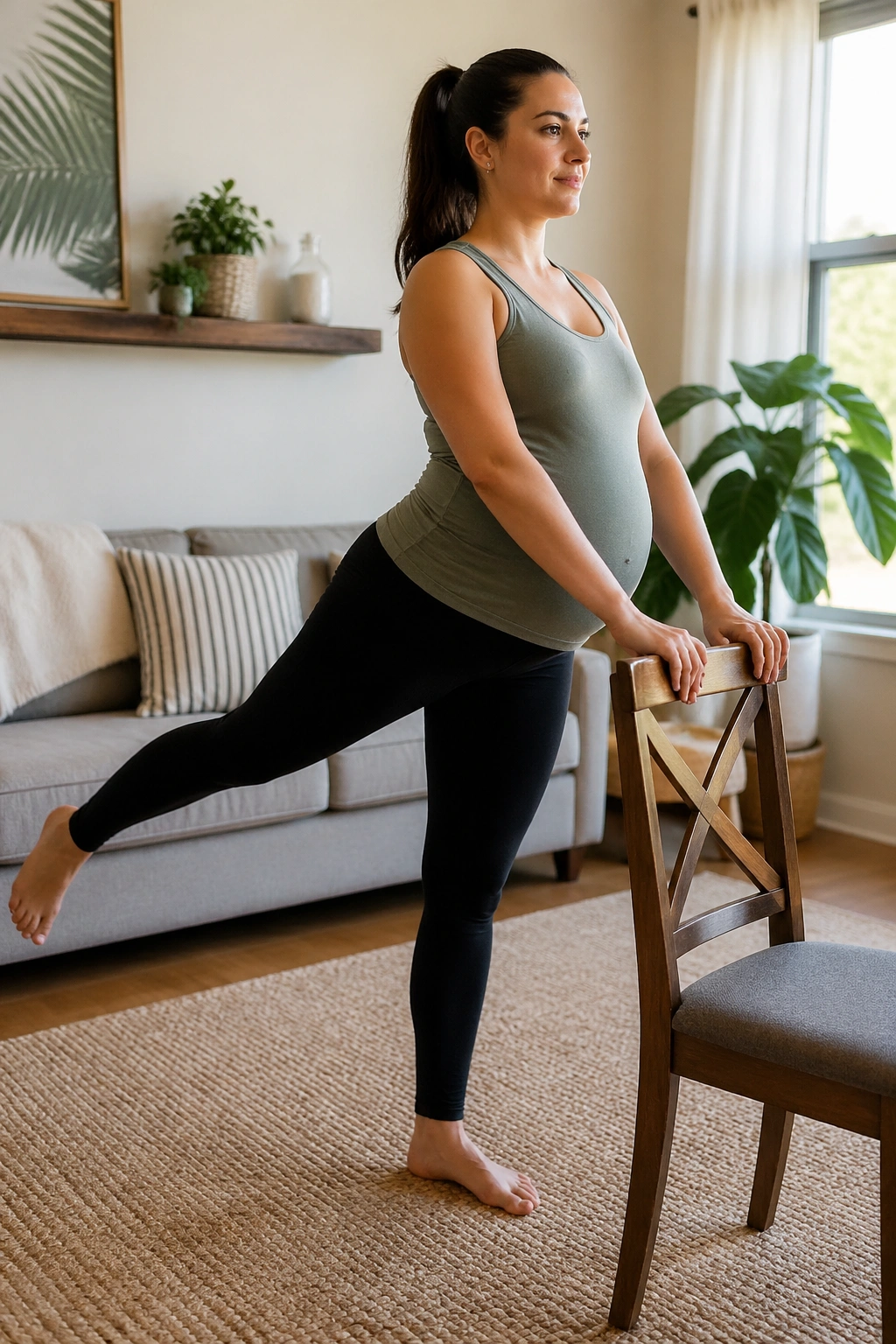Pregnant woman behind a chair performing standing glute kickback and hamstring curls at home