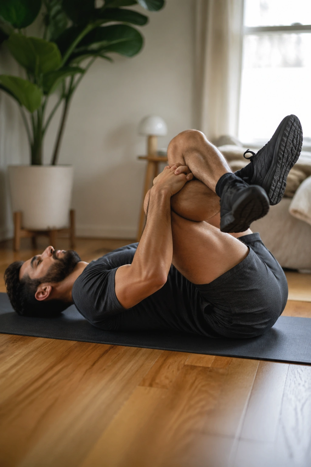 Back-lying figure-four stretch targeting glutes and hip rotation