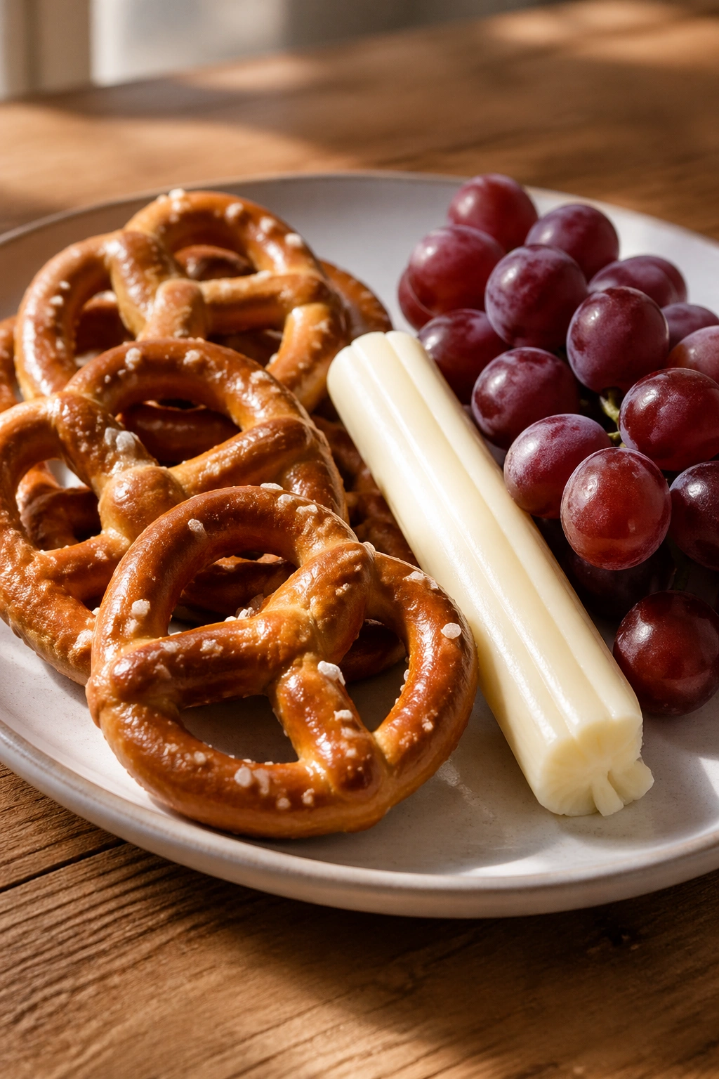 Close-up of gluten-free pretzels with string cheese and grapes on a plate