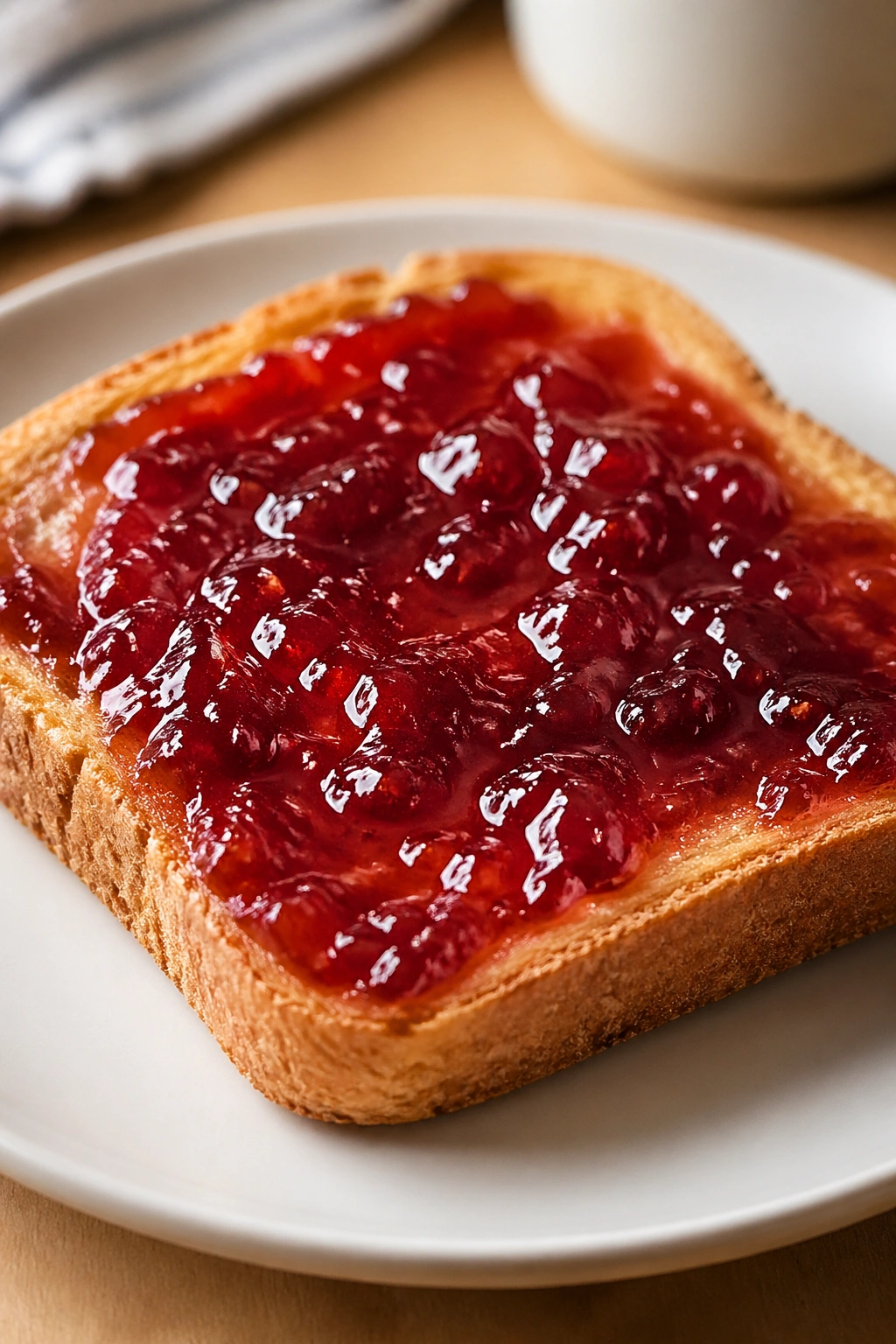 Toast slice with jam on a plate in a cozy kitchen
