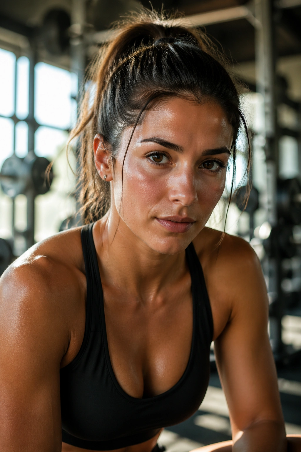 Portrait of a gym-goer evaluating workout goals with focused expression