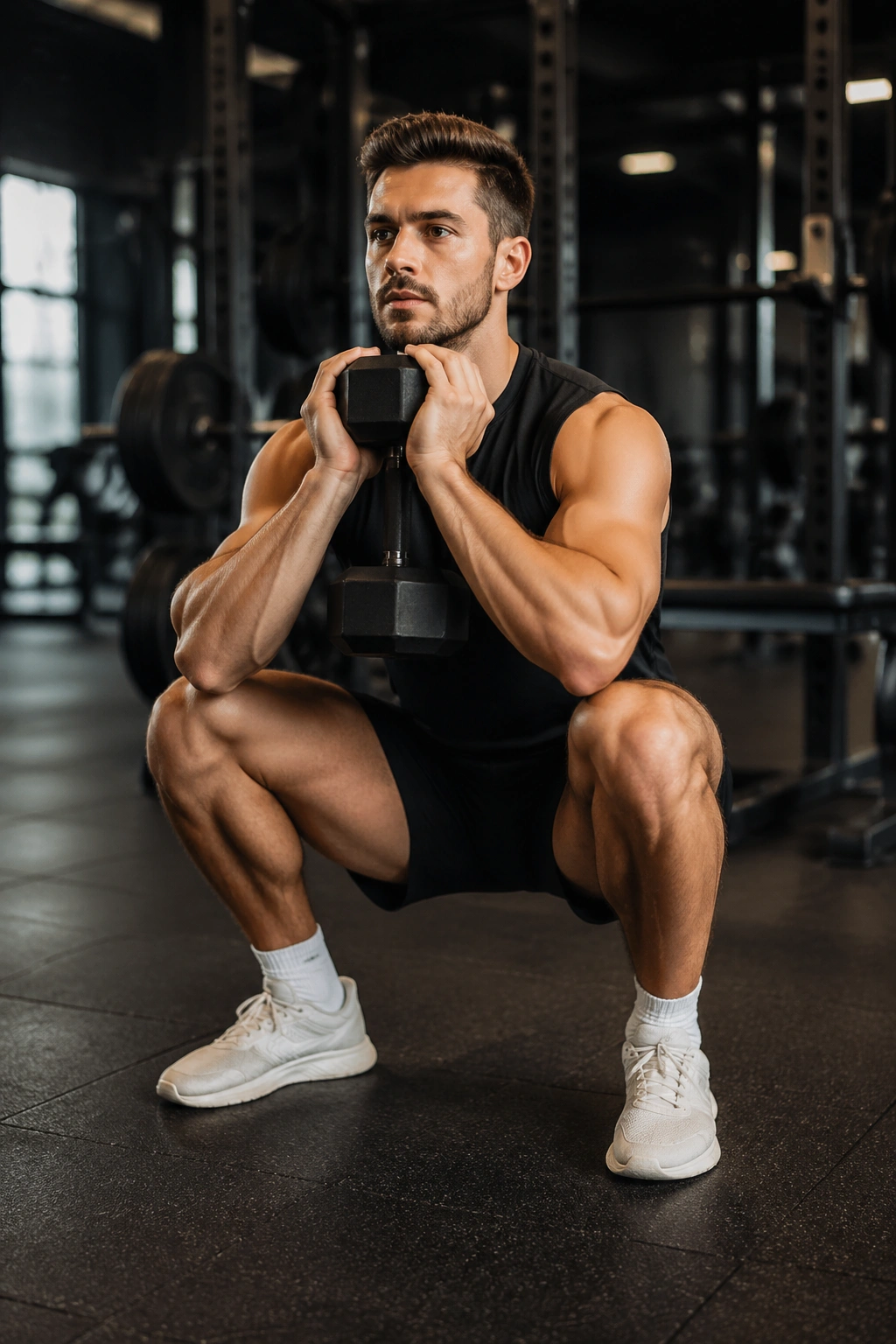 Mid-shot of a lifter performing goblet squat with dumbbell held at chest