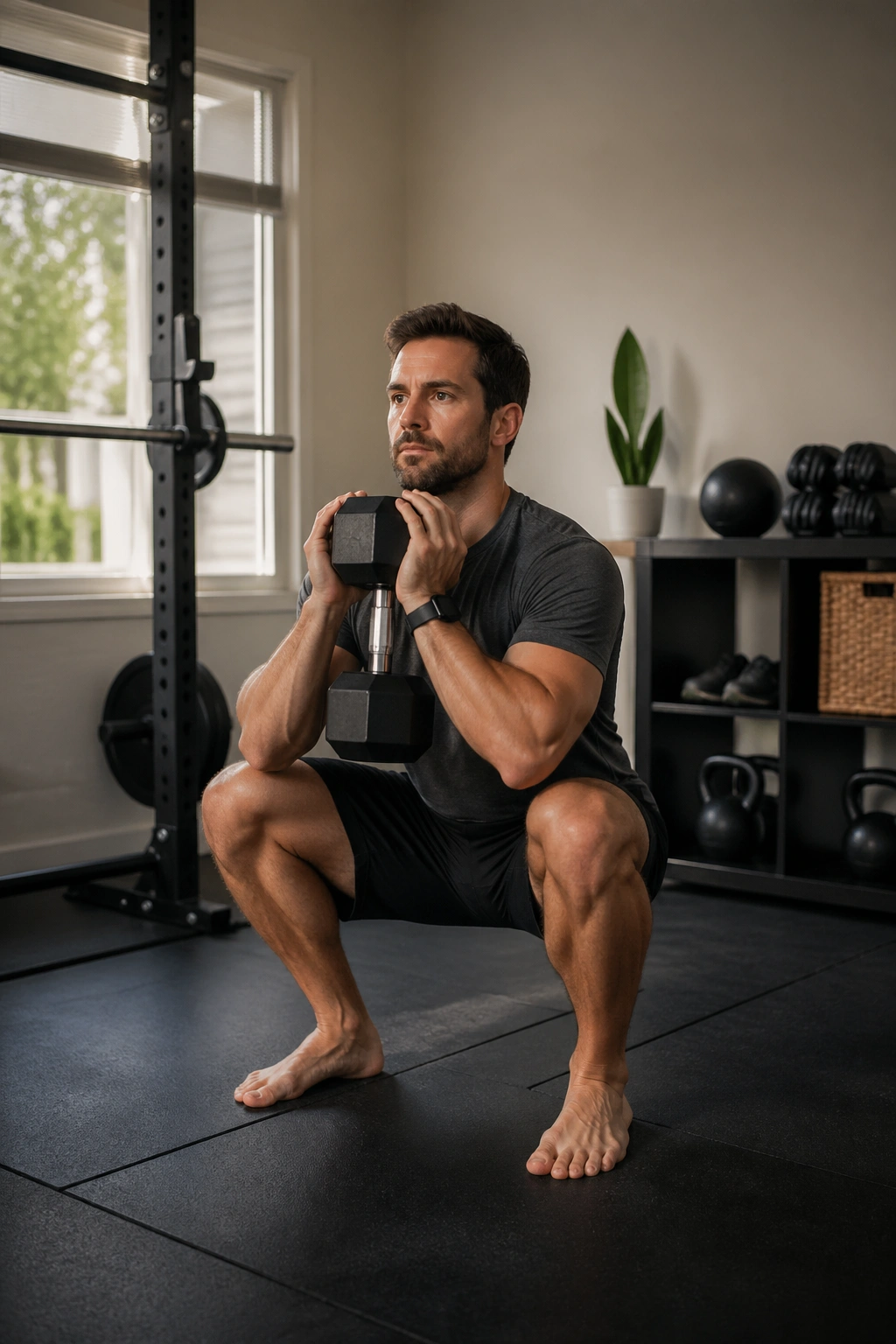 Person performing goblet squat with dumbbell in small gym