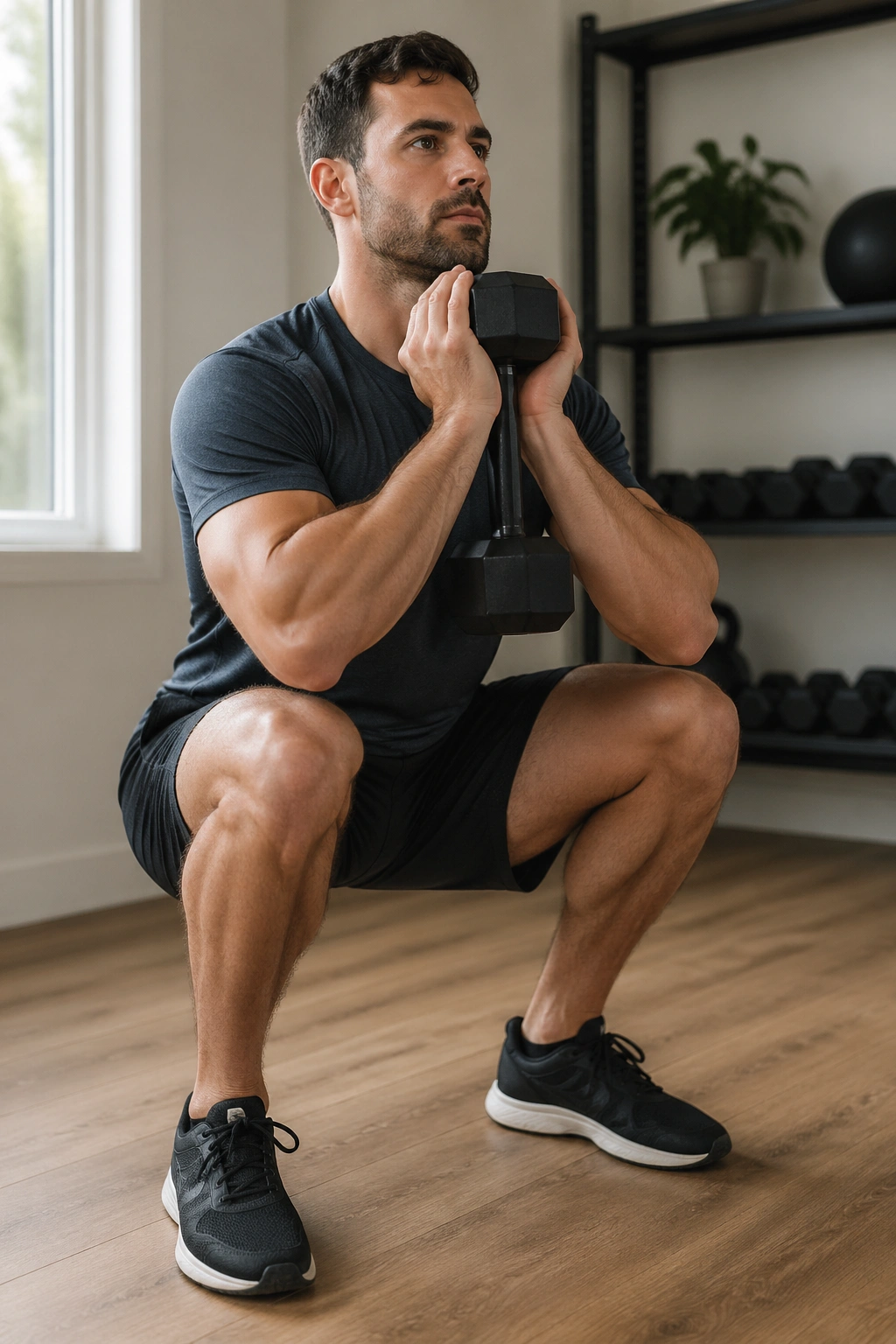 Close-up of person performing goblet squat with dumbbell at chest in a home gym
