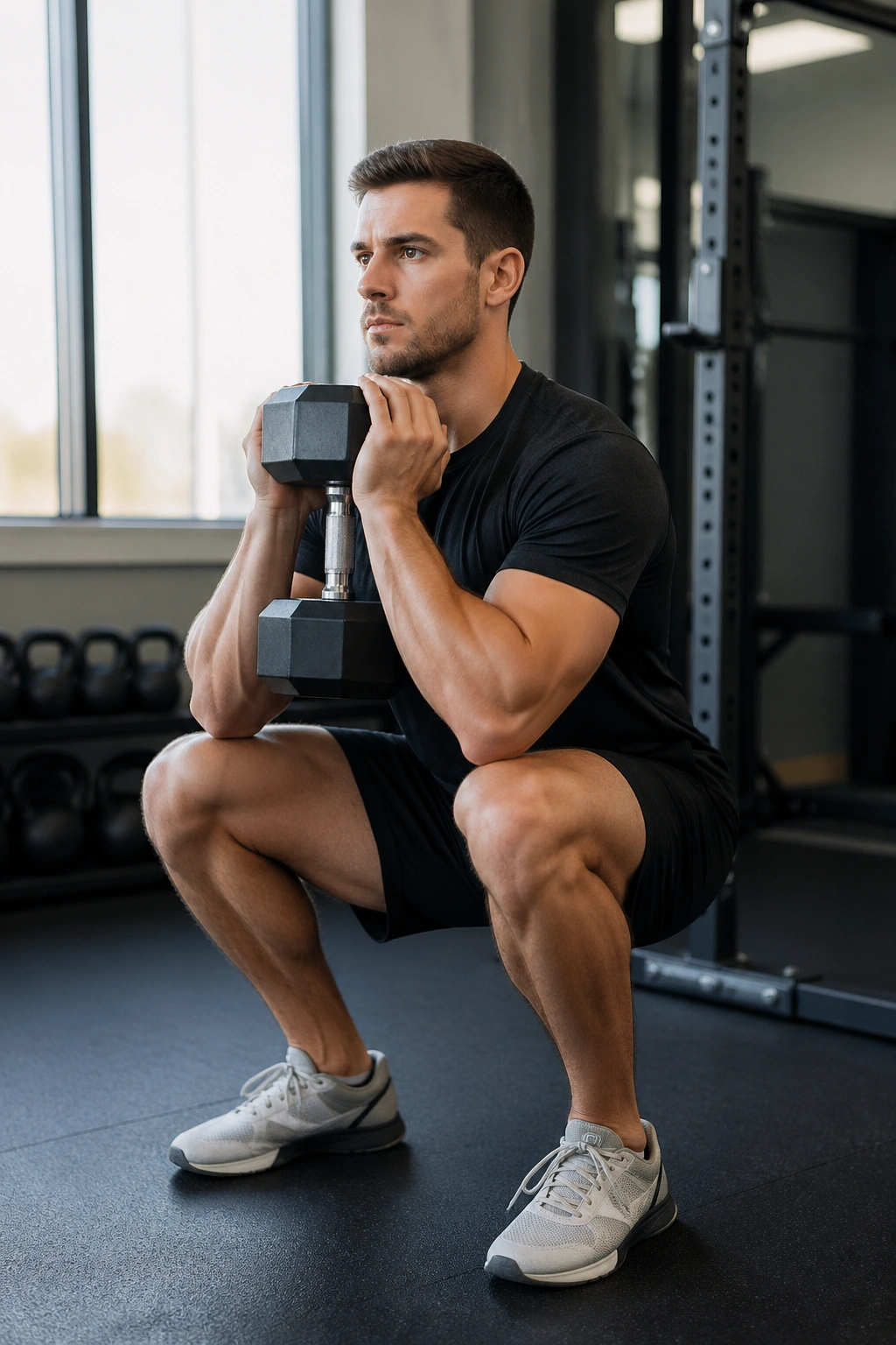 Real person performing goblet squat with dumbbell at chest