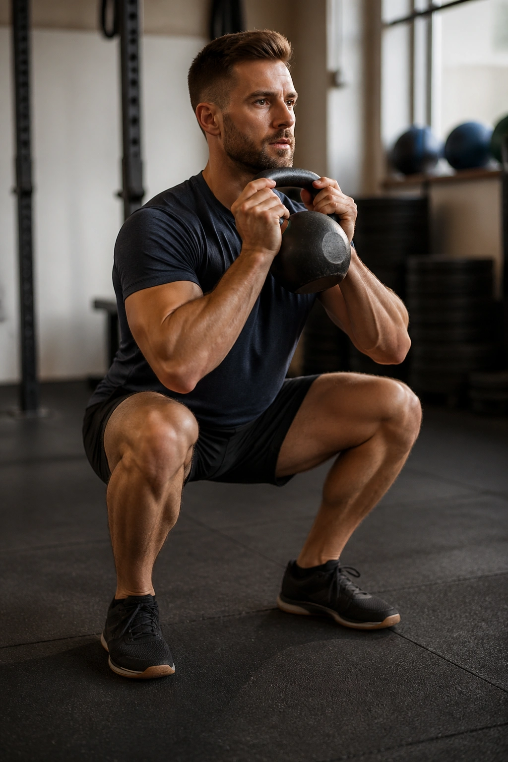 Mid-shot of a person performing goblet squat with kettlebell at chest.