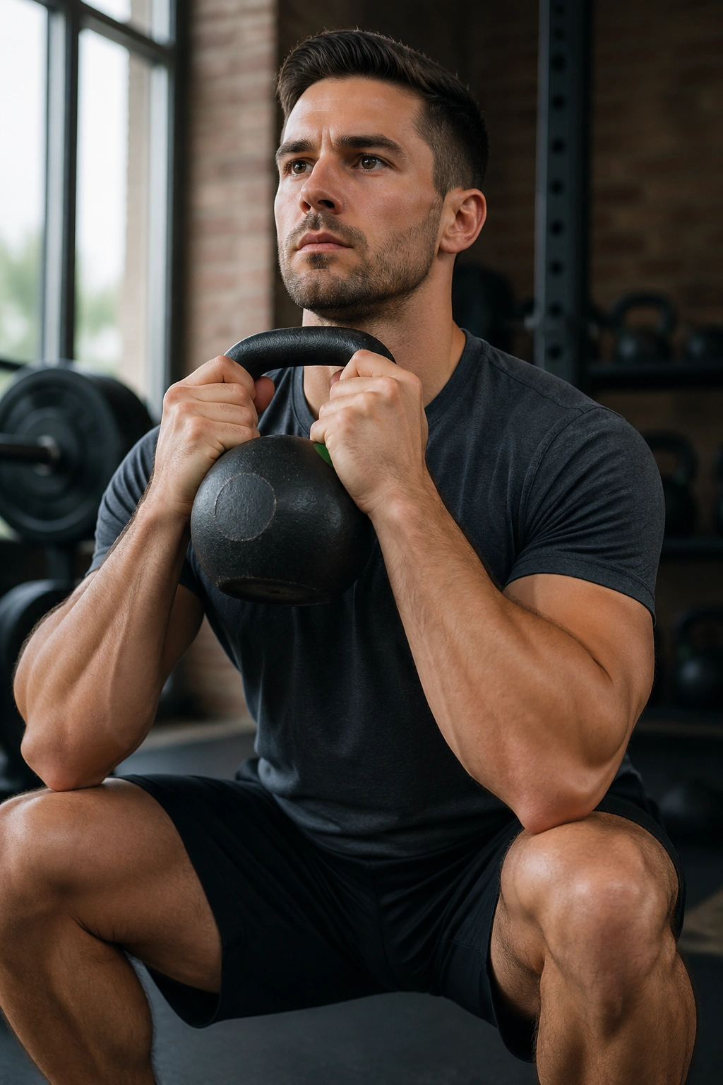 Lifter performing goblet squat with kettlebell at chest in gym
