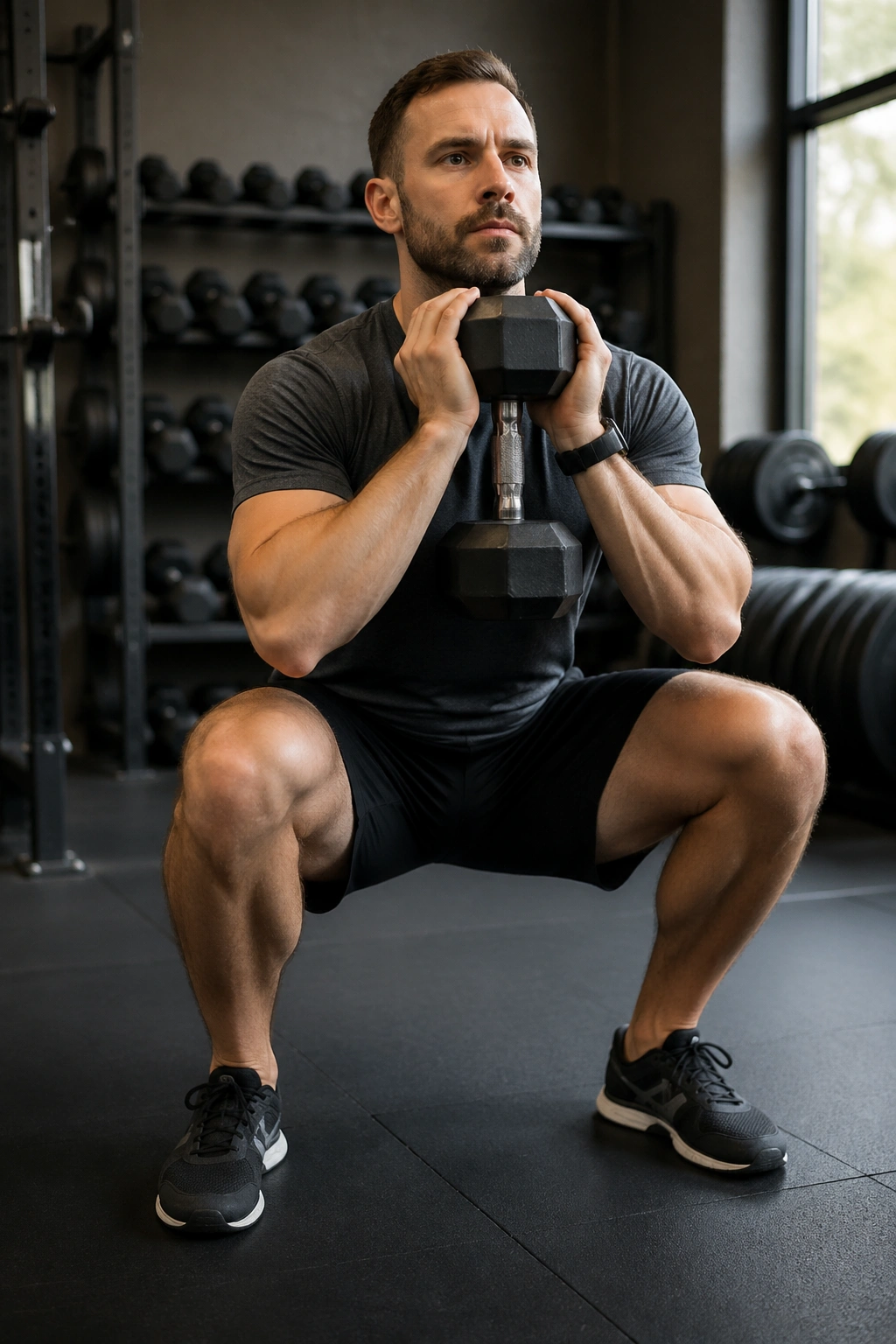 Close-up of a real person performing goblet squat to press in a gym, dumbbell at chest