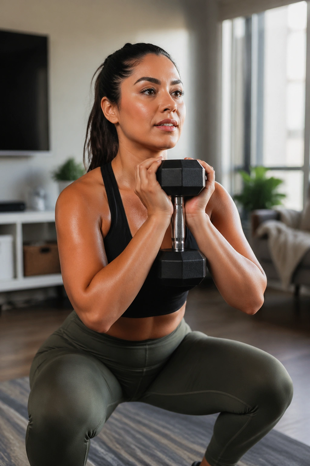 Woman in goblet squat holding a dumbbell at chest, ready to press