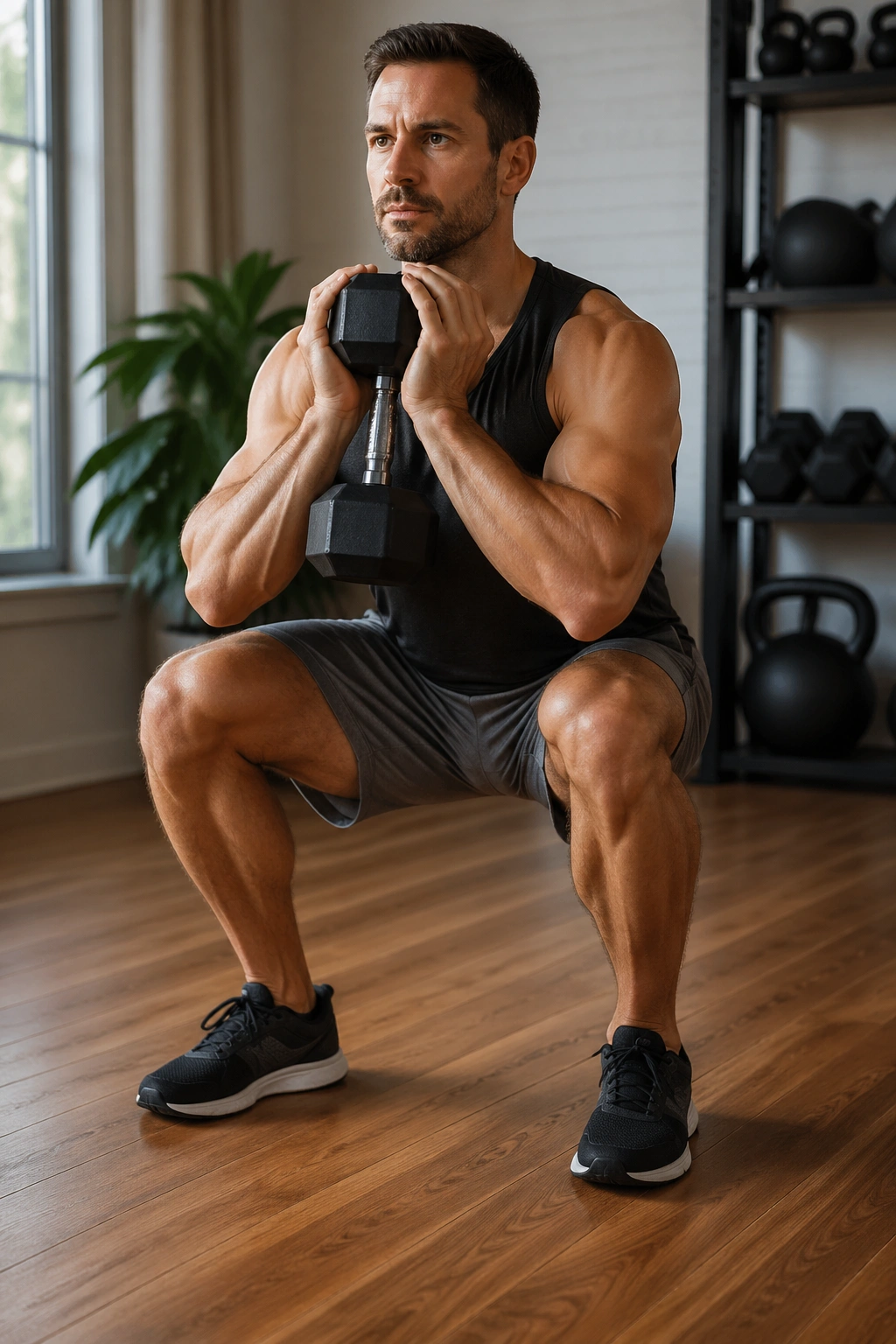 Person performing goblet squats in a compact EMOM-style home workout