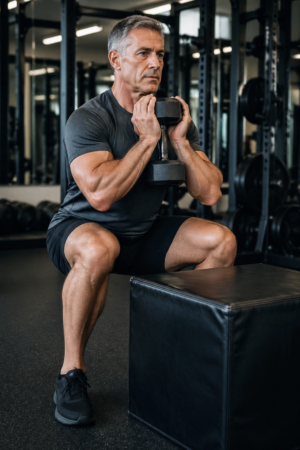 Man performing goblet squats holding dumbbell at chest in gym near box